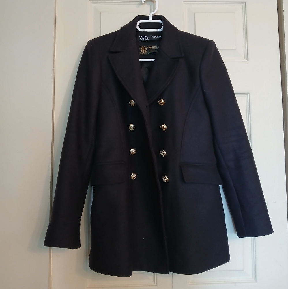 Zara Women's Navy Blue Pea Coat with Gold Buttons Size Medium (M)